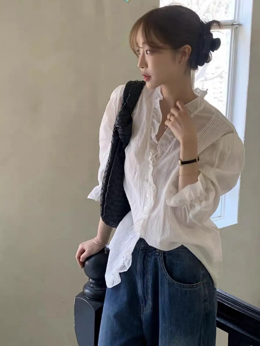

Spring Summer New Dongdaemun Viplain Loose V-neck Pleated Women's Shirt Korean Style Cotton Bubble Sleeve Casual Top