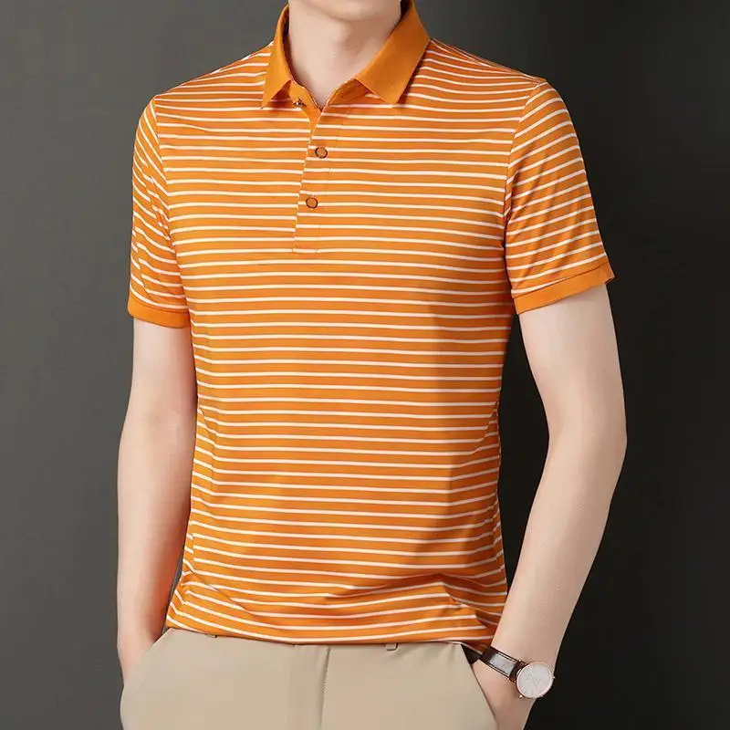 

Summer Men's Short Sleeve Turn-down Collar Contrast Color Pullover Striped Button Boyfriend England Style T-shirt Vintage Tops