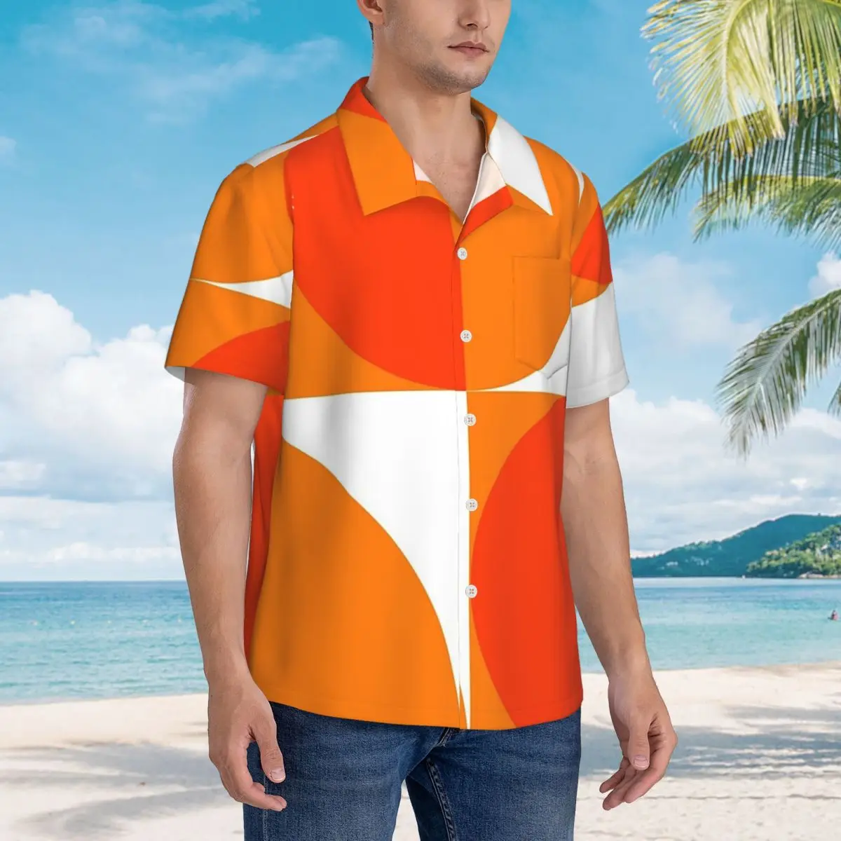 

Orange Bauhau Hawaiian Shirts Fashion Men Short Sleeve Shirt for Summer Beach Men's Button Tops