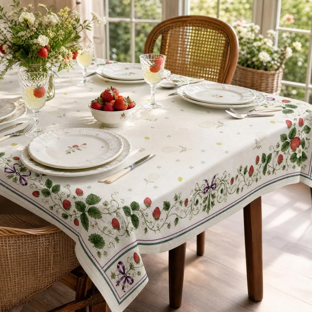 Strawberry Floral Vine Print Rectangle Tablecloth Vintage Fruit Botanical Dining Table Cover Spring Brunch Kitchen Decor