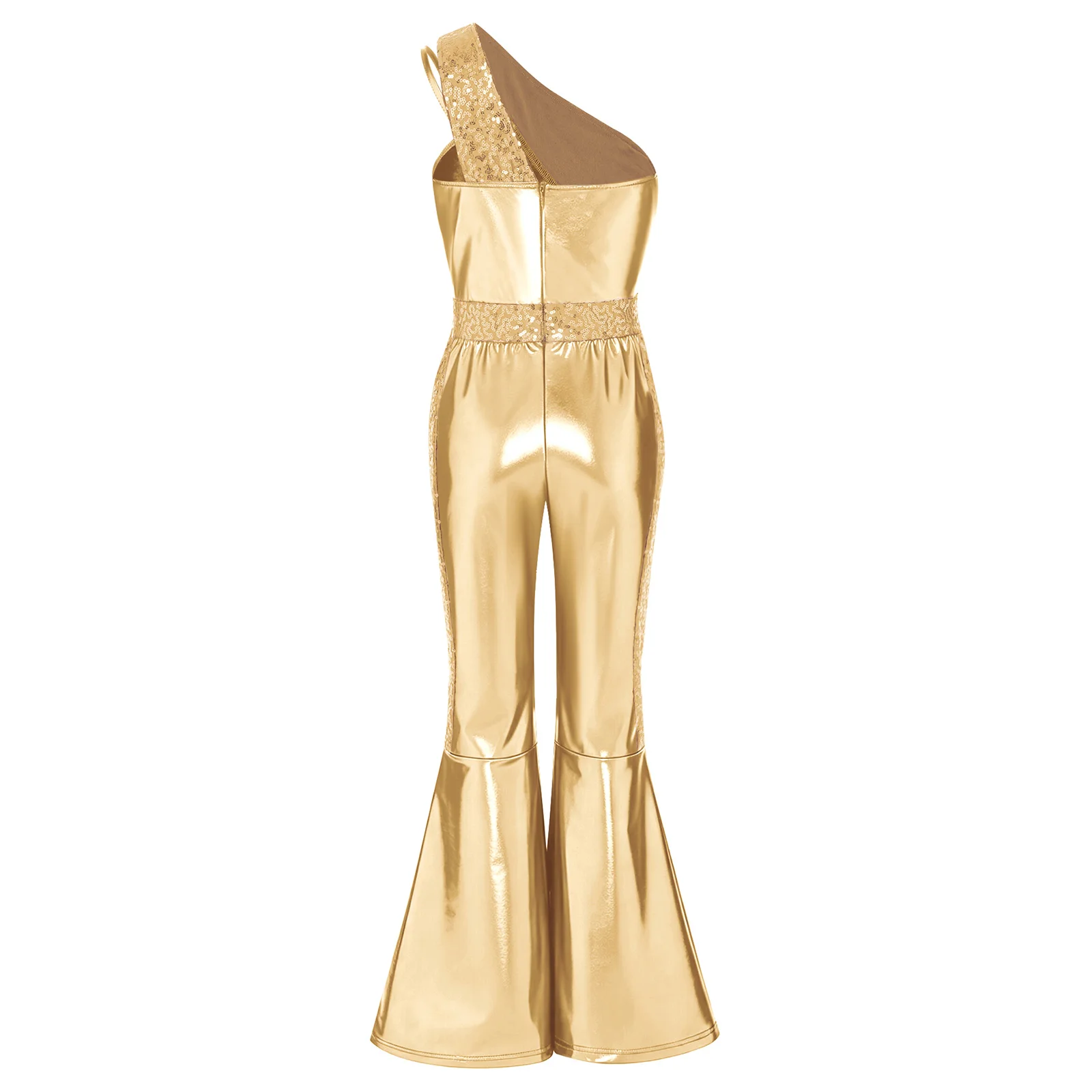 Kids Girls Shiny Sequins Jumpsuit Vintage 70s Disco Hippie Costume One Shoulder Sleeveless Metallic Flared Jazz Pageant Rompers