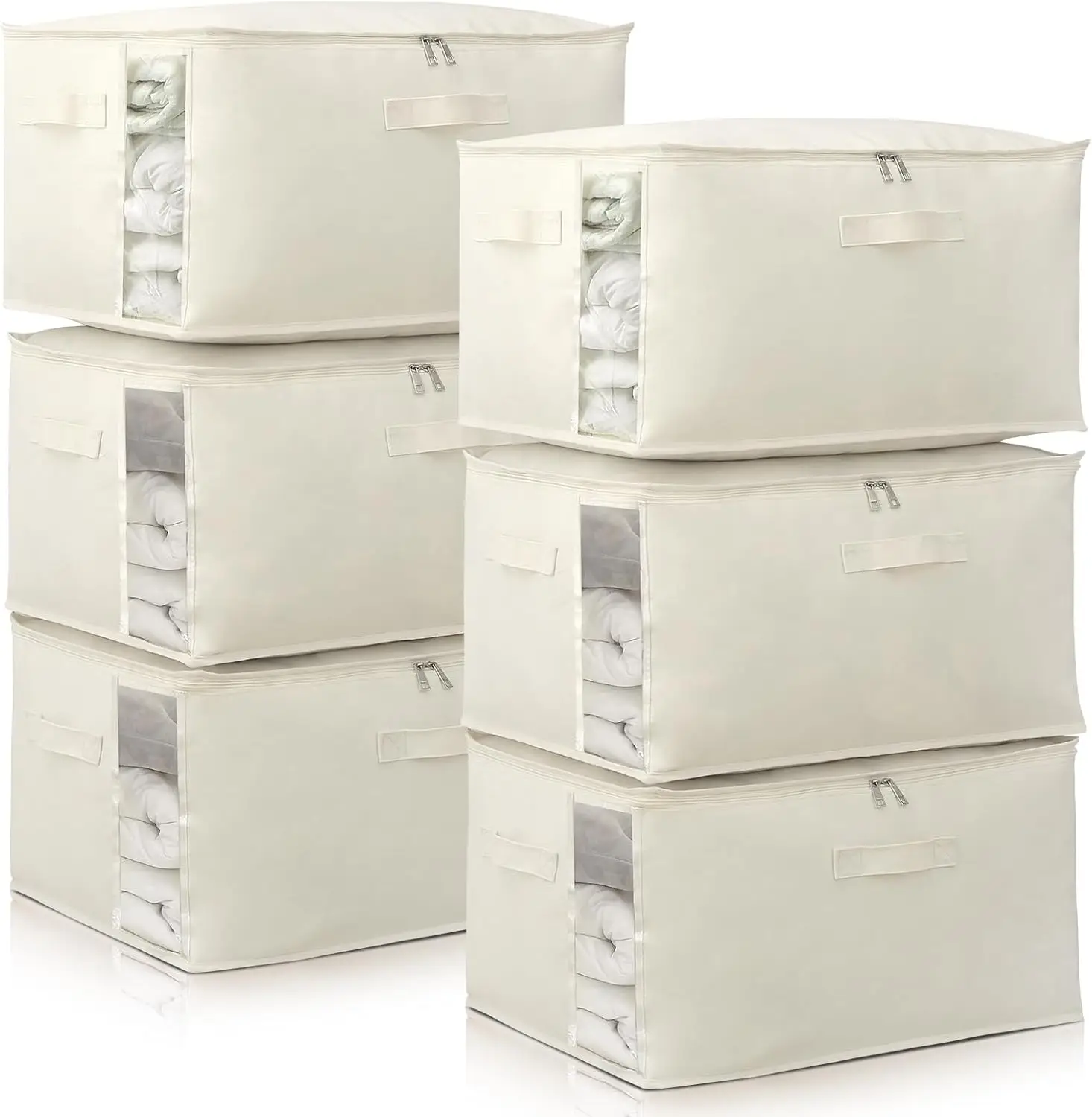 75L Clear Window Canvas Storage Bags with Sturdy Zipper, Collapsible 6-Pack for Quilts, Clothes, and Blankets Organization