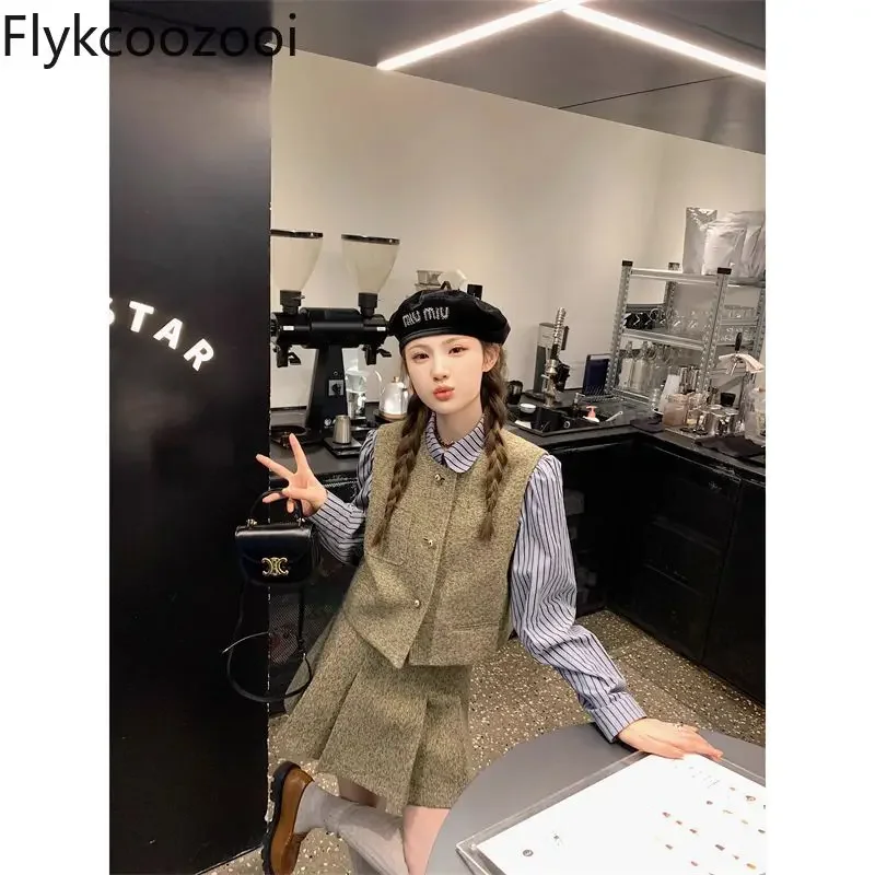 Fashion Popular Waistcoat Shirt Short and Long Skirt Female Autumn and Winter Simple Commuting Three-piece Set