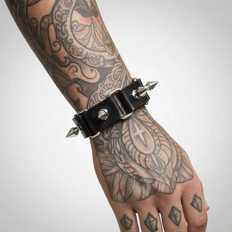 Studded Punk Faux Leather Bracelet Goth Girl Style Adjustable Spike Rock Bangle Fashionable Wristband for Events