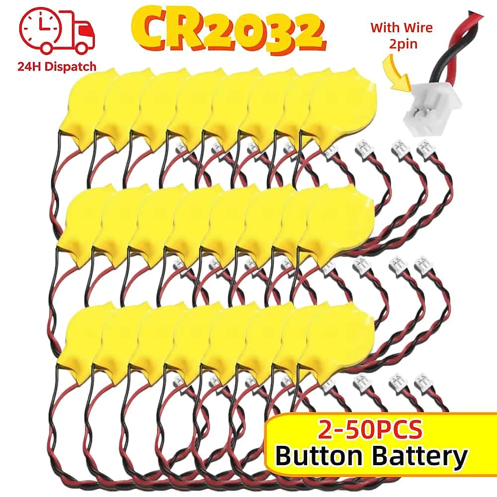 2-50pcs CR2032 Battery With Wire 2Pin 1.25mm Connector Laptop Motherboard BIOS CMOS Replacement With Wire Disassemble Battery
