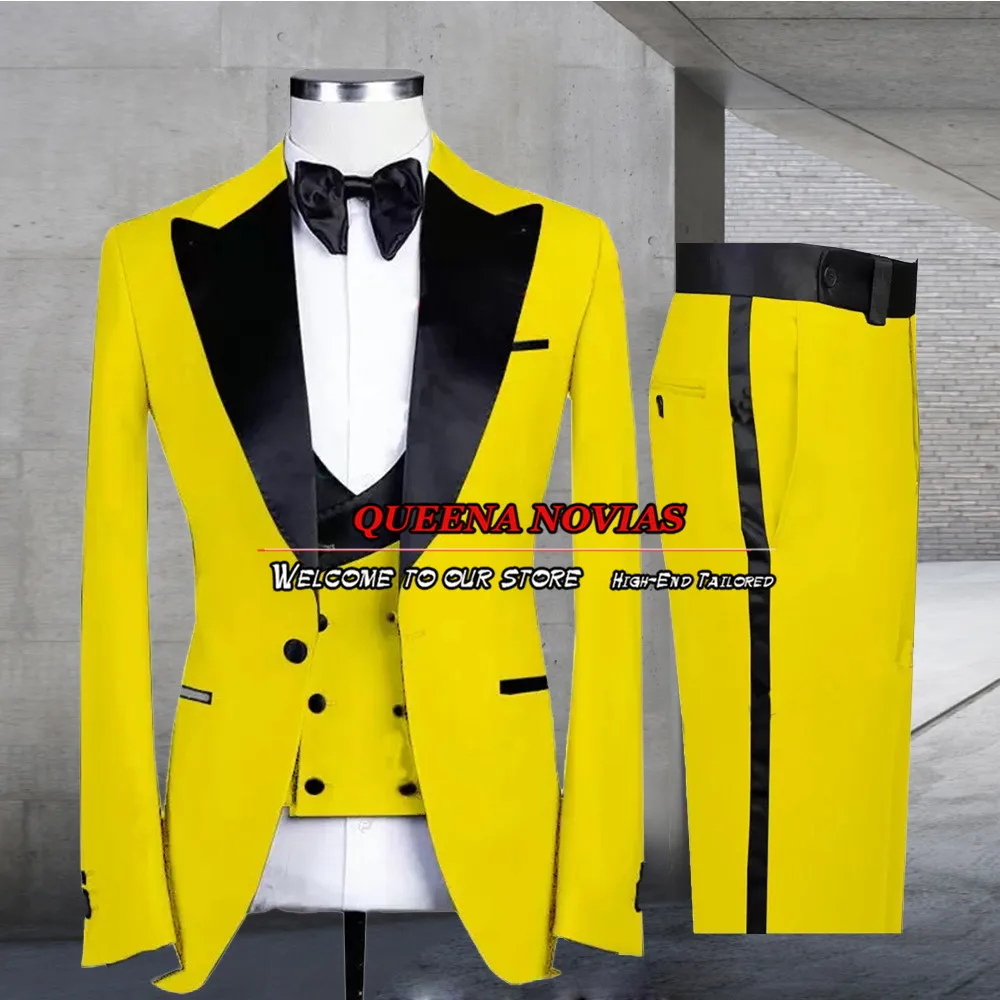 Banquete de ouro noivo ternos dos homens preto lapple casamento smoking fino ajuste 3 peça trajes elegantes para hombre negócio escritório blazer conjunto