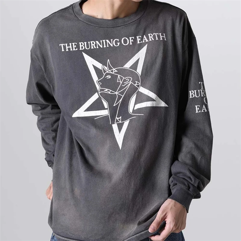 New Vintage Retro High Quality Printed Cotton High Street Long Sleeve Loose Casual Rock Hip Hop Fashion Oversize T-shirt