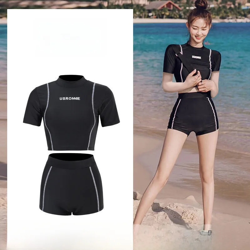 

2024 New Women's Swimsuit INS Faion Thermal Spring Conservative Student Sports Separate Angle Swimsuit Nylon round Ne