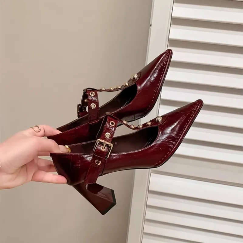 

Женские универсальные новые пикантные одинарные туфли Мэри Джейн на высоком каблуке с острым носком и шипами на блочном каблуке