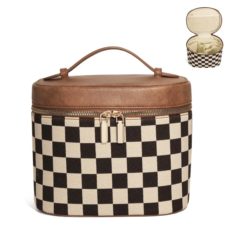 Checkerboard Make Up Bag Retro Luxury Cosmetic Handbag Aesthetic Portable Travel Skincare Organizer Toiletry Bag with Handle