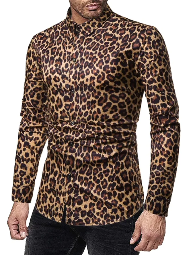 

Wild Leopard Print Ice Silk Long Sve Men's irt Four Way Stretch Dyed Stage Performance Flower Pattern DJ Singer irt