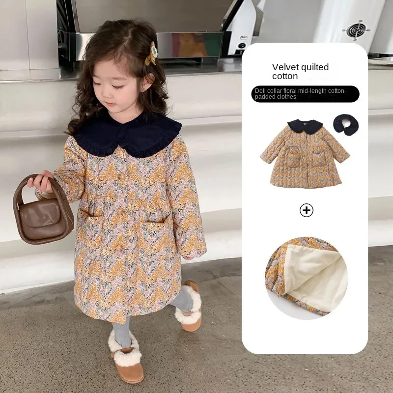 2-10 Years Kids Winter Florar Dresses for Girls Cute Thick Velvet Jackets Dress Toddler Baby Warm Casual Overcoat Infant Outwear