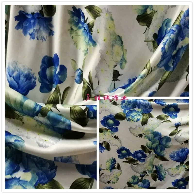 Transparent Four Sided High Elastic Knitted Bottom Blue Peony Flower Printed Fabric Stage Performance Clothing Fabric