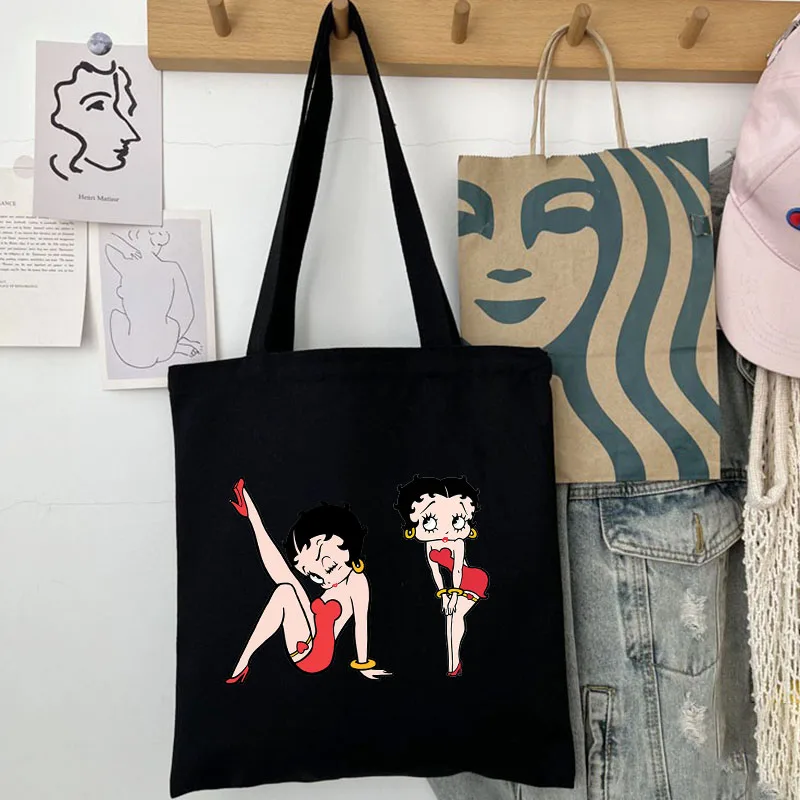 Cute Cartoon Girl Boops Oop Sexy Cherries Women Canvas Shoulder Tote Bag Handbag Eco Shopper Cotton Shopping Bag