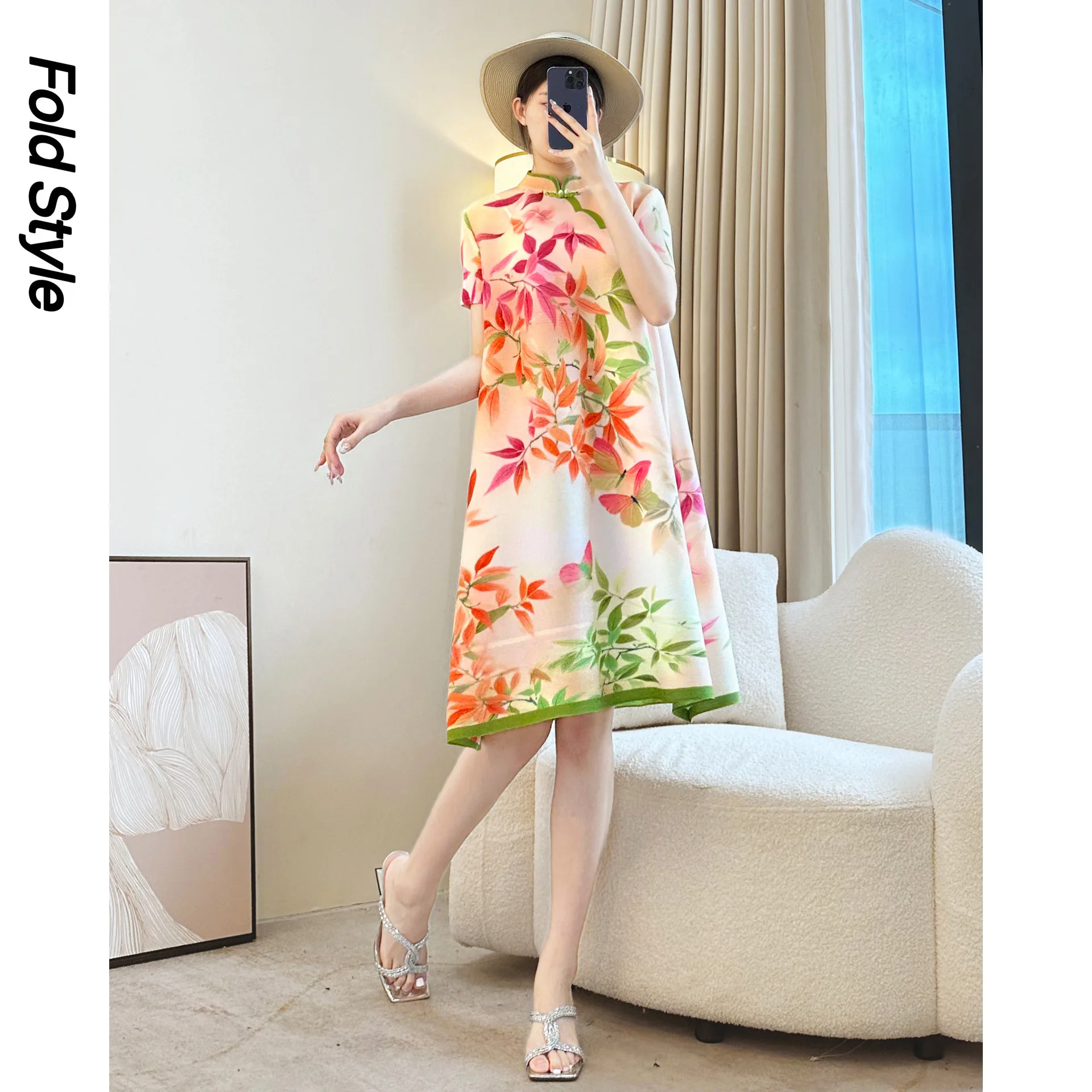 

Новое летнее женское платье 2022, свободное платье трапециевидной формы с воротником-стойкой в стиле ретро и принтом, элегантное платье для поездок на работу