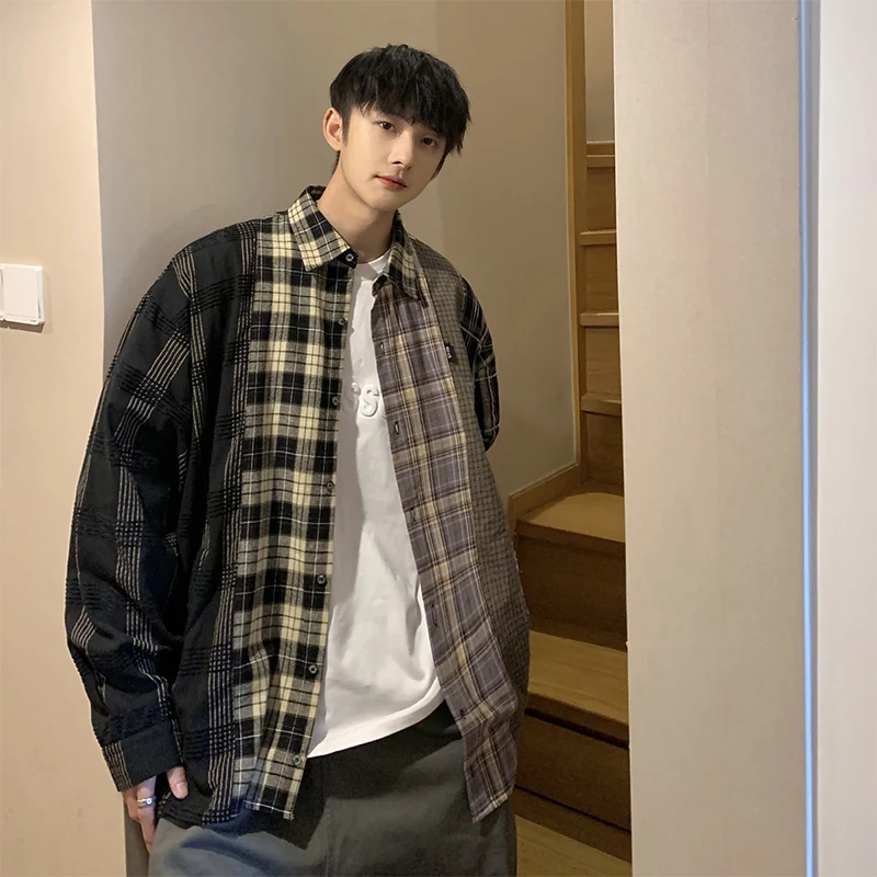 

Мужская рубашка в стиле американского ретро с клетчатыми вставками, удлиненная, оверсайз, для работы, в стиле барокко, модная, молодежная, осенняя, свободного кроя