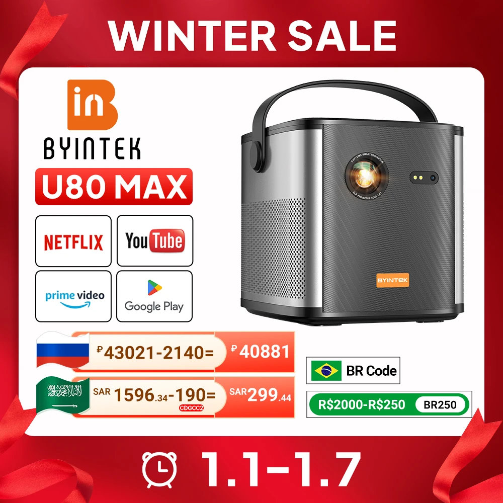 BYINTEK U80 Max Projector 3D 4K Cinema Android 11.0 WiFi Mini Portable 1080P Home Theater Video DLP Projector with Battery