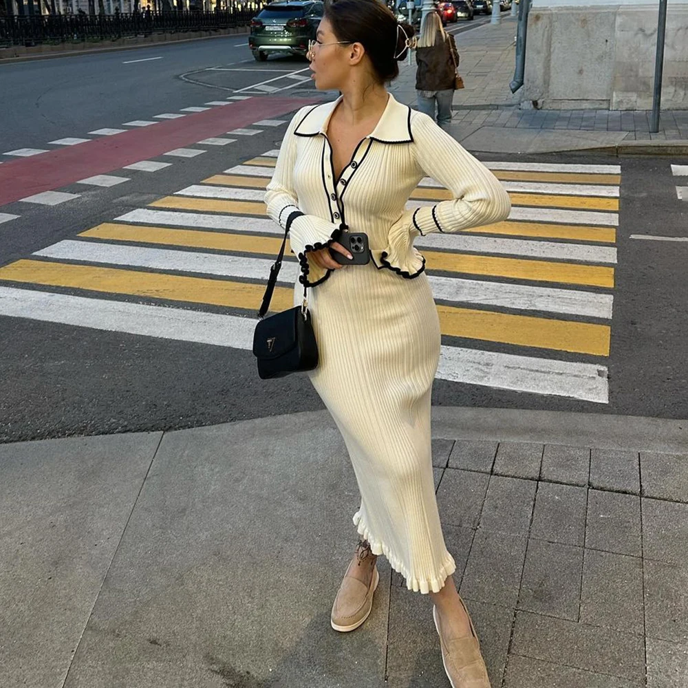 Talenza dzianinowa sukienka z falbaną i klapami damska elegancka sukienka w stylu vintage z długim rękawem moda kontrastowa kieszeń sukienka z dzianiny z wysokim stanem