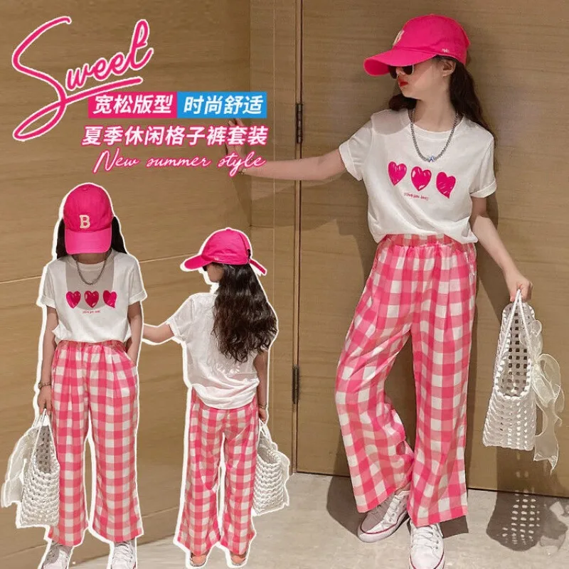 Kids Clothes Girls Summer Sweet Heart T-Shirt & Plaid Trousers 2 Pieces Sets Teenage Girl Dopamine Wear Street Style Tracksuit