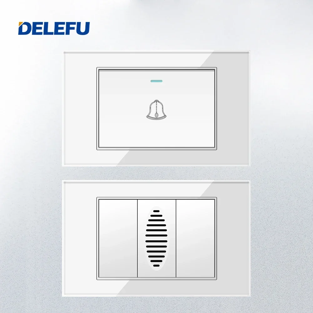 DELEFU แผงกระจกนิรภัยบราซิลมาตรฐานซ็อกเก็ตสวิทช์ 118*72mm10A 20A Doorbell สวิทช์ Doorbell Ding Dong สีเทาสีดําสีขาว Go