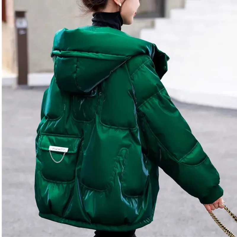 Glossy Down Cotton Jacket Women 2024 Winter New Thicken Padded Parkas Coat Women Warm Hooded Jackets Fashion Loose Short Outwear