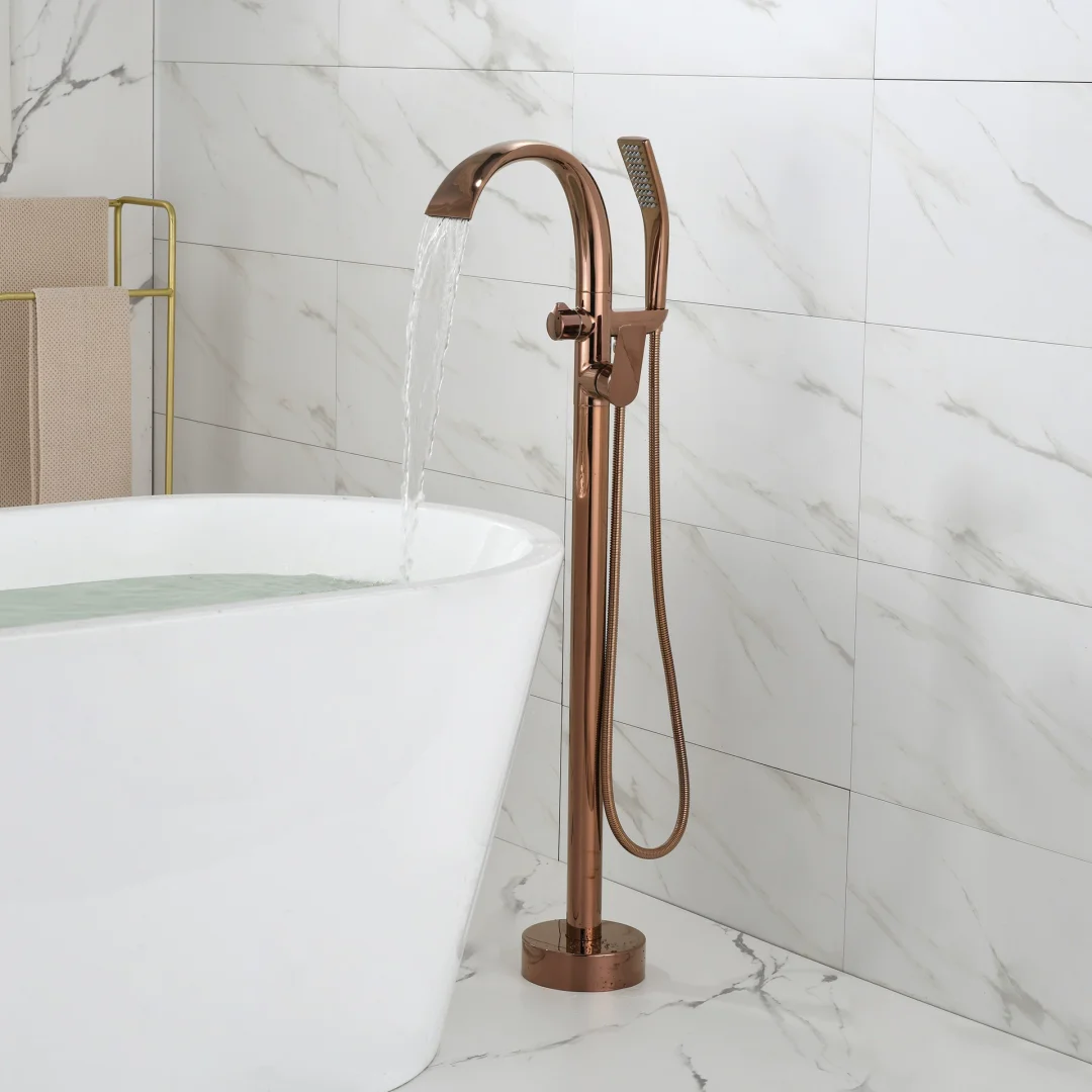 Brushed Rose Gold Bathtub Faucet Set Floor Decked Brass Black Waterfall Bathtub Mixer Brushed Gold Bathtub Faucet  Bathroom Taps