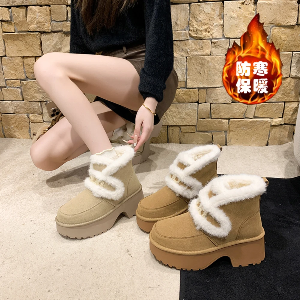 

High Heels Women's Ankle Boots Women Fur Fashion Cotton Shoes 2025 New Winter Snow Cotton Boots Cozy Warm Brand Mujer De Botas