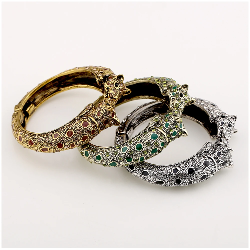 Designer Series Fashion Vintage Crystal Leopard Head Enamel Luxury Women Jewelry Statement Bangle Elegant Style Bracelet Chic