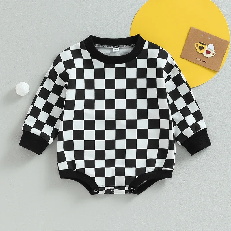 Baby Sweatshirt Rompers Clothes for Newborn Boys Girls Checkerboard Print Long Sleeve Jumpsuits Overalls Toddler Infant Clothing