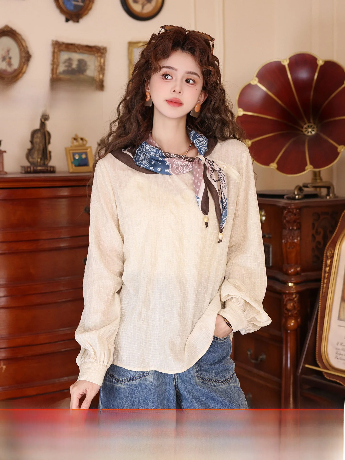 

Chic Long Sve Loose Women's irt with Scarf Versatile Early Autumn Breathable Comfortable Skin-Friendly Pure Color Commut...