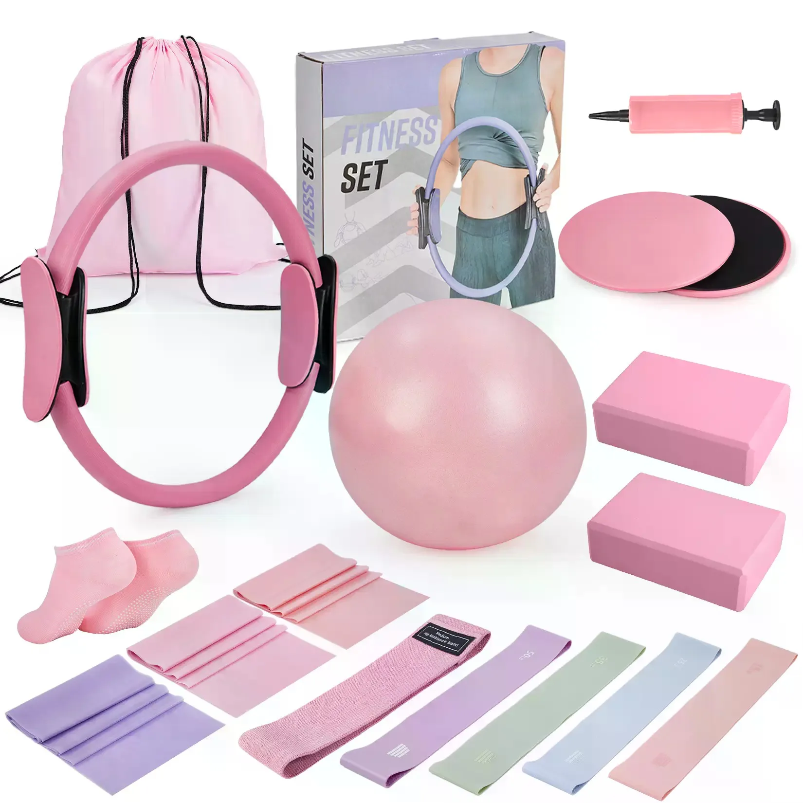 17-in-1 Pilates Ring Kit for Home Workouts - Pilates Circle + Pilates Ball, Resistance Bands, Yoga Blocks, Gliding Discs & Accessories - Full-Body Toning & Core Training - Pink