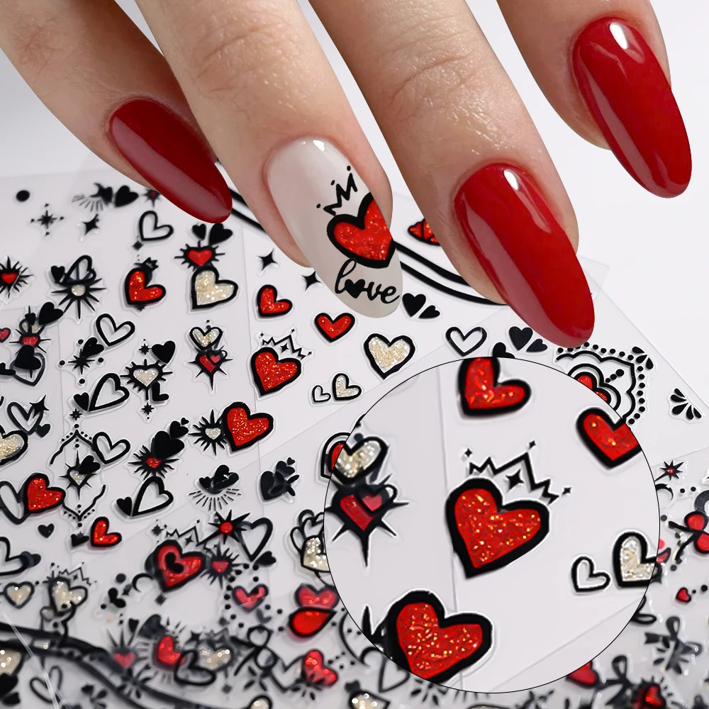 6 fogli di adesivi per nail art con glitter a forma di cuore d'amore 3D nero rosso abbinato con fiocco autoadesivo a forma di cuore fai da te cursore per unghie Y2K decorazione per unghie * #
