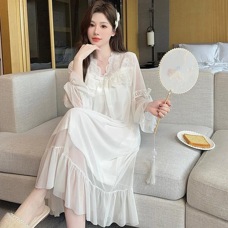 

Весенне-летняя кружевная сетка с v-образным вырезом и бантом, милая принцесса, ветровой пояс, подушка на груди, ночная рубашка средней длины, одежда для сна, домашняя одежда, новый стиль