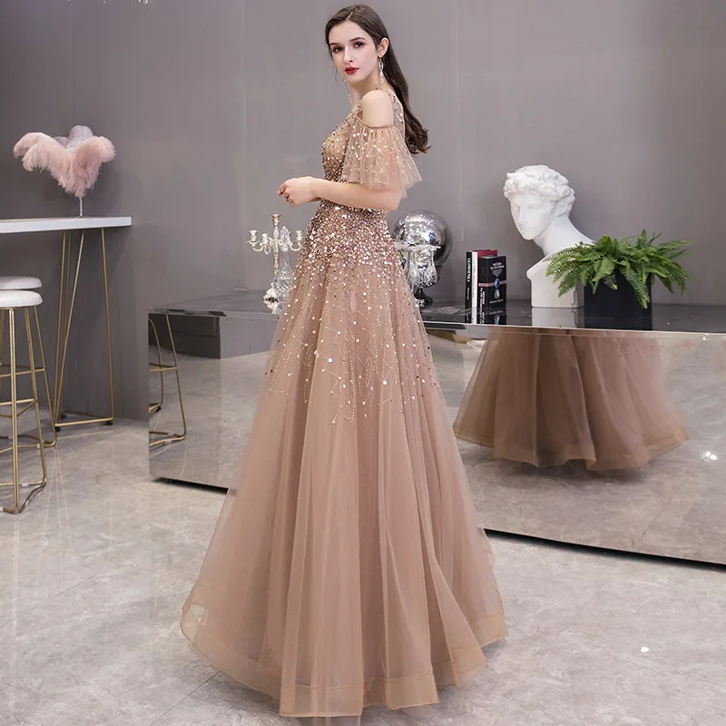 Linyang-vestido largo con escote en V para mujer, traje Formal elegante con lentejuelas para fiesta de noche, 2023