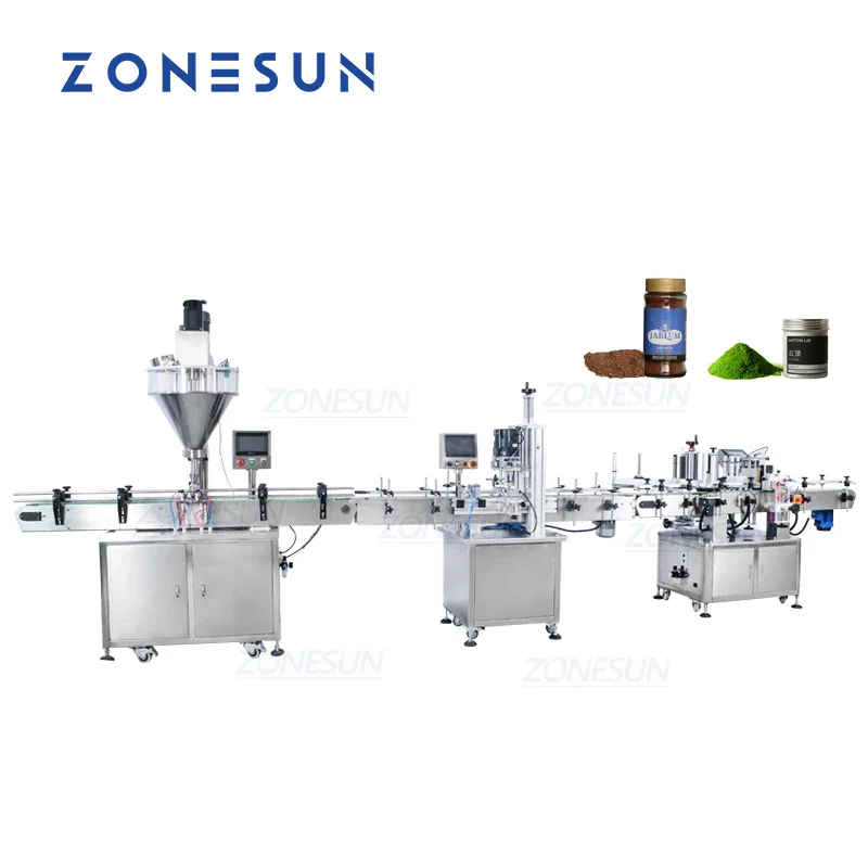 ZONESUN Full Automatic Dry Fine Powder Food Particle Can Jar Auger Filling Capping and Labeling Machine Line