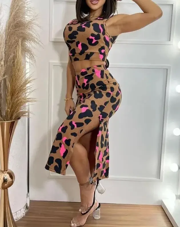 

2 Piece Sets Women Outfit Summer Fashion Leopard Print Round Neck Sleeveless Backless Tied Detail Top & Casual Slit Skirt Set