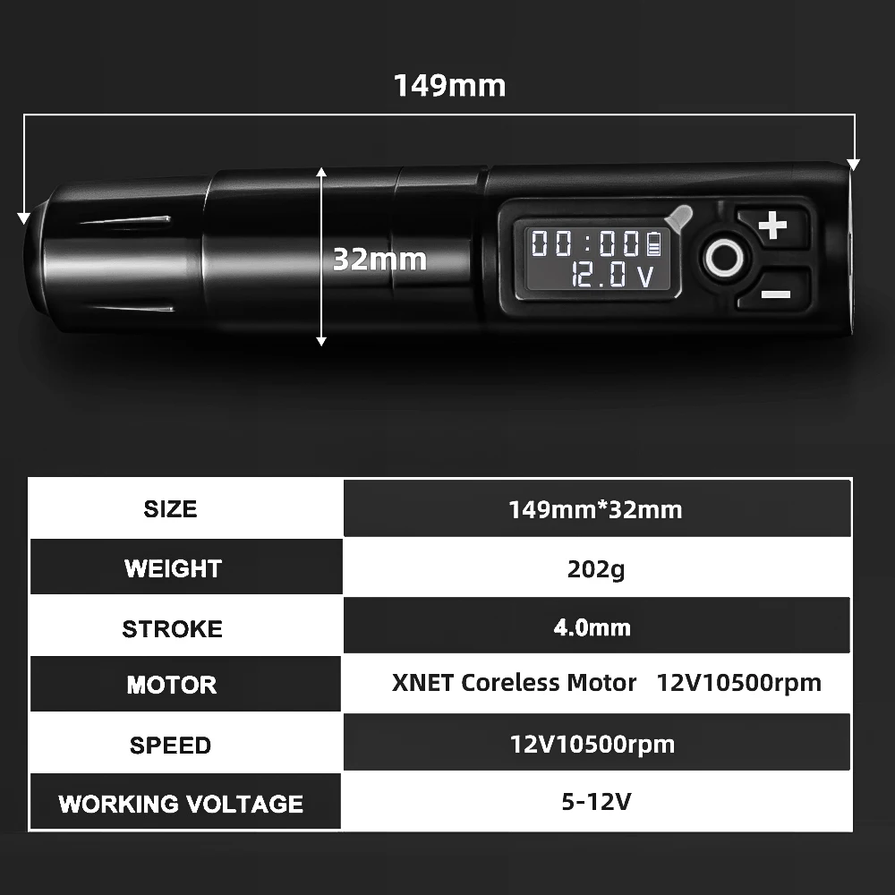 XNET 2400mAh Battery 4.0 Stroke Digital Wireless Rotary Tattoo Pen Machine with Extra Battery for Body Art