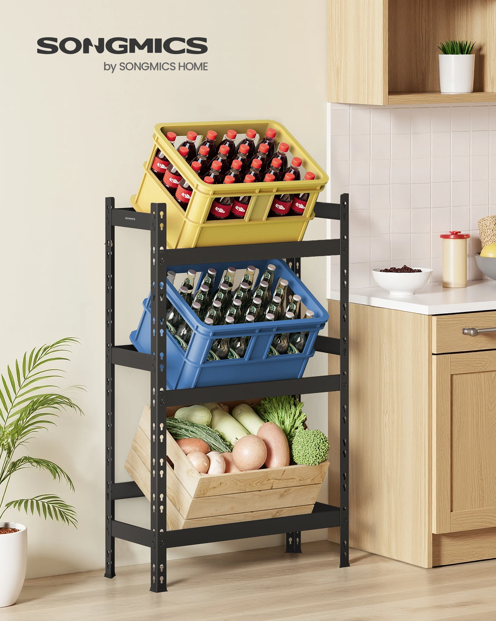 SONGMICS Getränkeregal, 3 Ebenen, Getränkekistenregal, jede Ebene bis 30 kg belastbar, Bierkistenregal, Stahl, Kistenständer