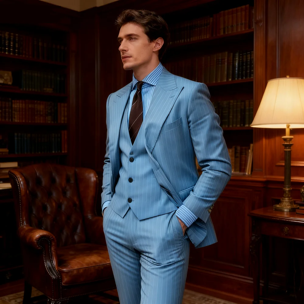 

High-Quality Three-Piece Striped Terno Art Wedding Jacket Single Breasted Pants Vest Men's Terno Suit