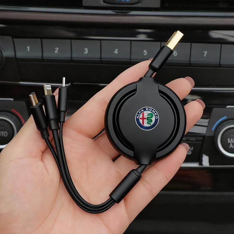 Cargador rápido 3 en 1 con cable micro USB tipo C para Alfa Romeo Giulia Stelvio Junior Giulietta Mito 4C Spider GTV Tonale 147 156