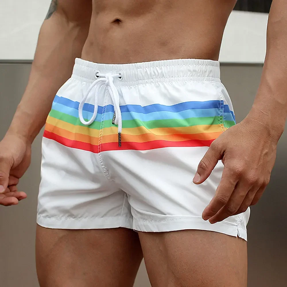 Men's sport running beach Short pants rainbow swimming trunk pants Quick-drying movement surfing shorts GYM Swimwear for Male