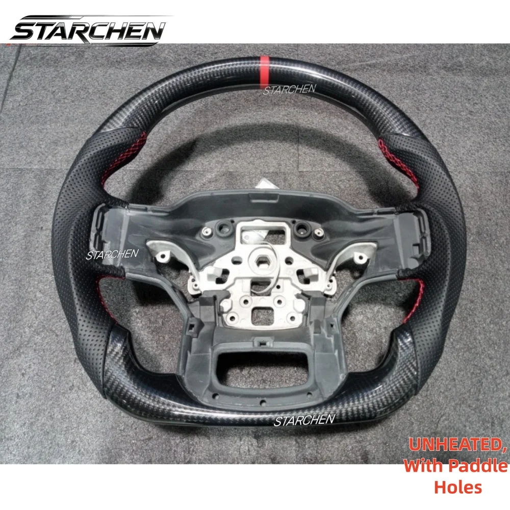 Real Carbon Fiber Steering Wheel for Ford F150 Raptor 2021-2026 with Paddle Holes & Red Stripe (Non-heated)