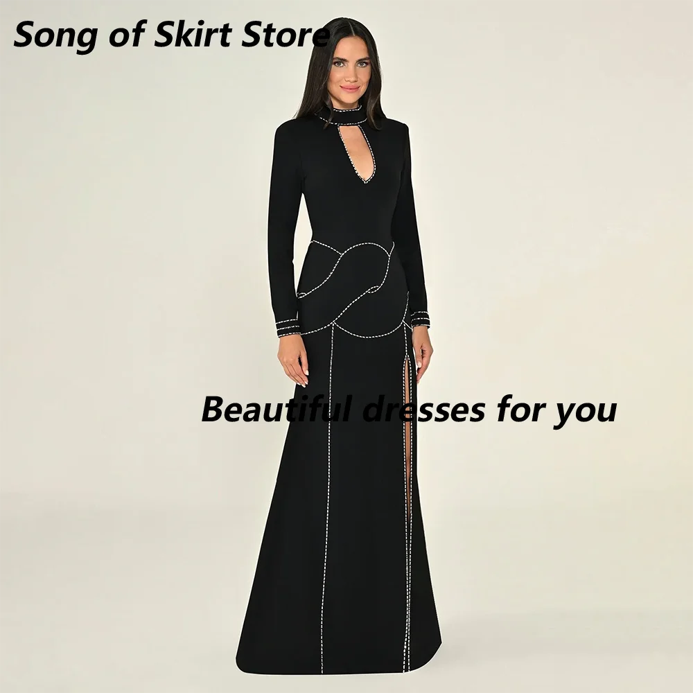 

Модное черное вечернее платье с высоким воротом и длинными рукавами, хрустальный трикотаж, вечерние платья с боковым разрезом и открытой спиной, длинные платья по индивидуальному заказу