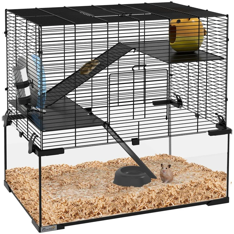 

PawHut 23.5" Hamster Habitat with Glass Base, Ramps, Platforms, Shelter, and Wheel – Black