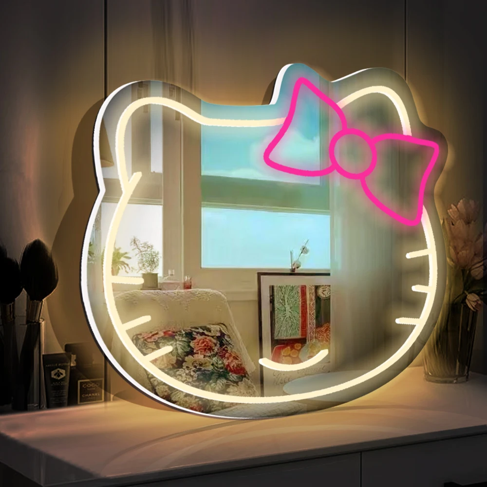 

Pink Cat Mirror Neon Light Warm Animal Shape Acrylic Mirror USB Adjustable Brightness for Room Decoration, Girl Makeup Table