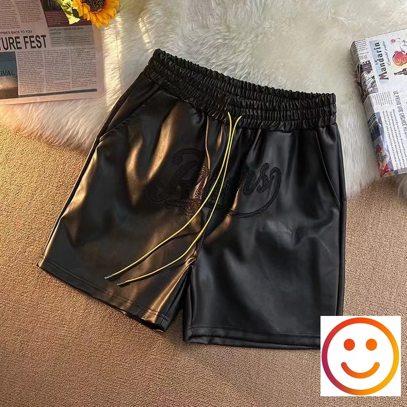 Leather Black Green Borad Shorts Pockets Embroidery Logo Men Women High Quality Yellow Drawstring Beach Shortpant Breeches