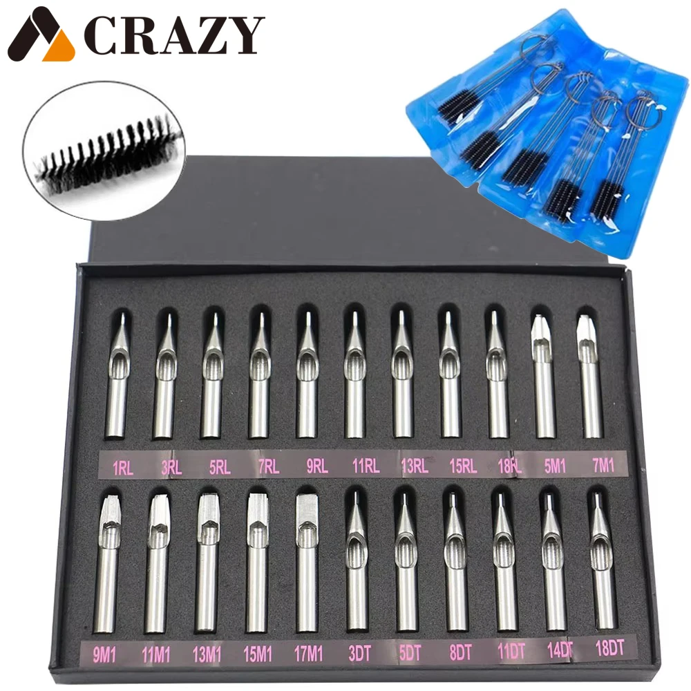 22PCS Tattoo Tips Set Stainless Steel Tattoo Tips Kit With Box Tattoo Kit And Tattoo Tips Cleaning Brush Supply Free Shipping