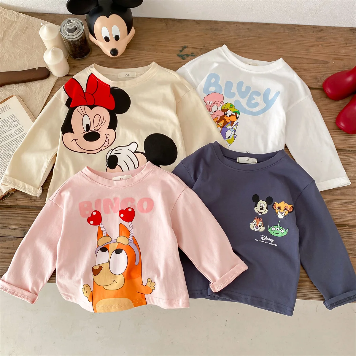 Módní značka disney děti tričko s dlouhým rukávem topy spring/autumn oblečení děti bottoming košile kreslený crewneck děvče blůza