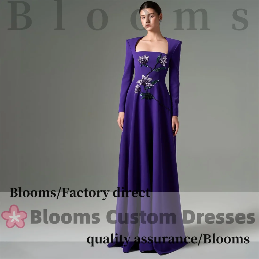 

Customized Handbeadings Flower Luxury Evening Dresses Long Sleeves A-Line Purple Wedding Formal Dress For Prom Party Vestidos