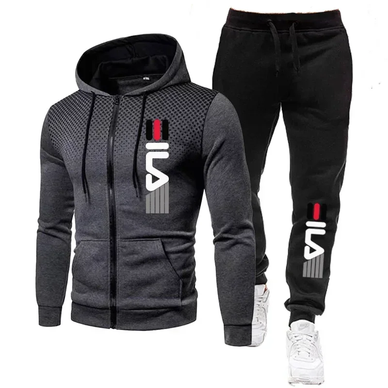 Survêtement de jogging à manches longues pour hommes, survêtements de sport en plein air pour hommes, manteau à capuche imprimé avec fermeture éclair, pantalons de survêtement longs, 2 pièces, automne et hiver